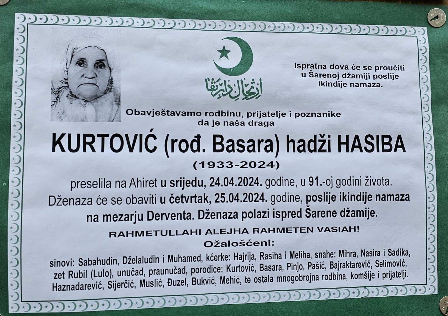 Preminula je Kurtović Hadži Hasiba