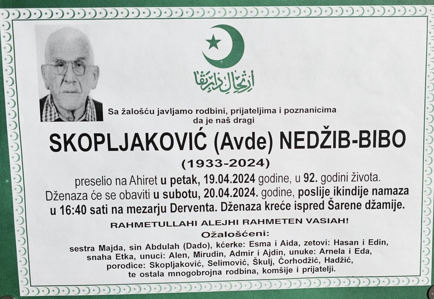 Preminuo je Skopljaković Nedžib-Bibo