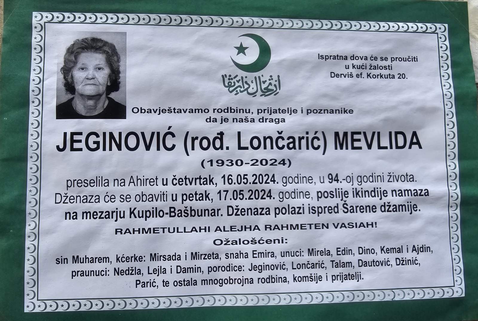 Preminula je Jeginović Mevlida
