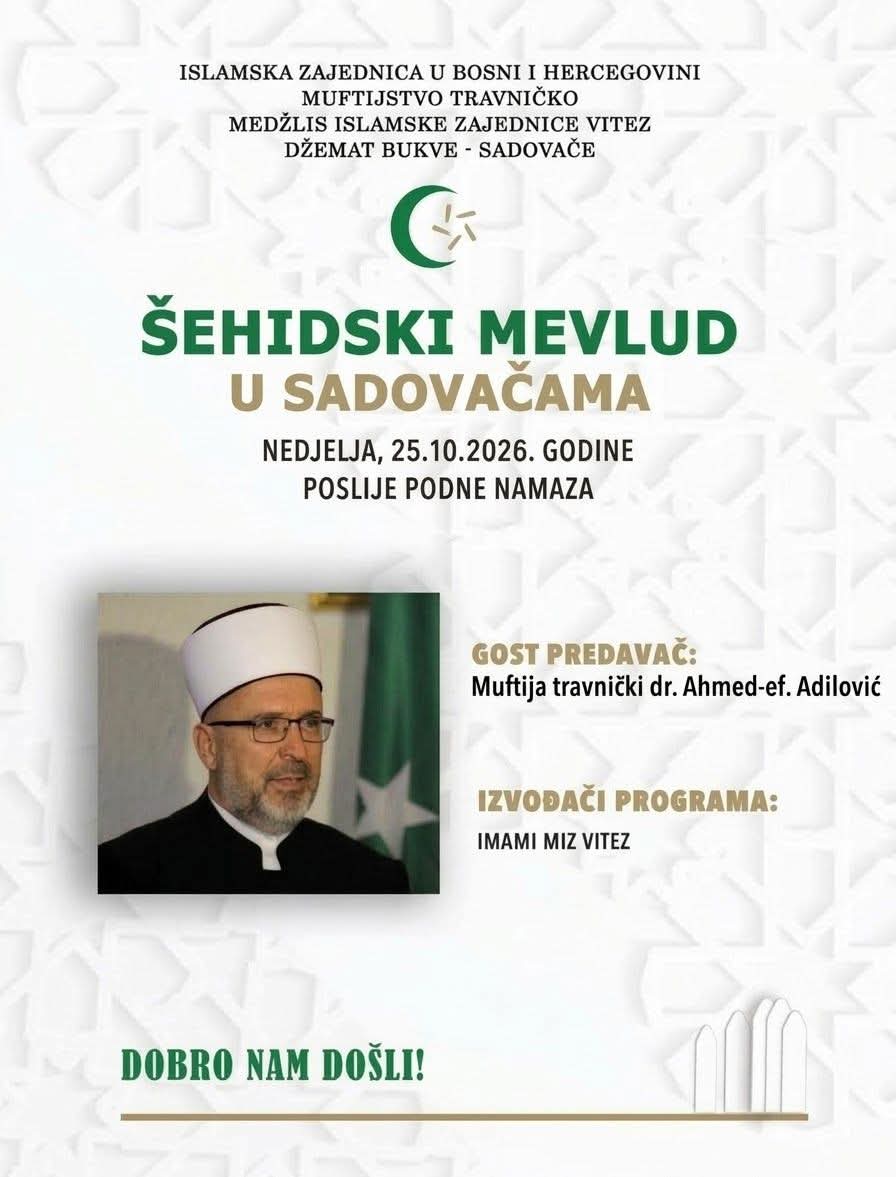 U Sadovačama 25. oktobra Šehidski mevlud ,sjećanje na šehide i njihovu žrtvu