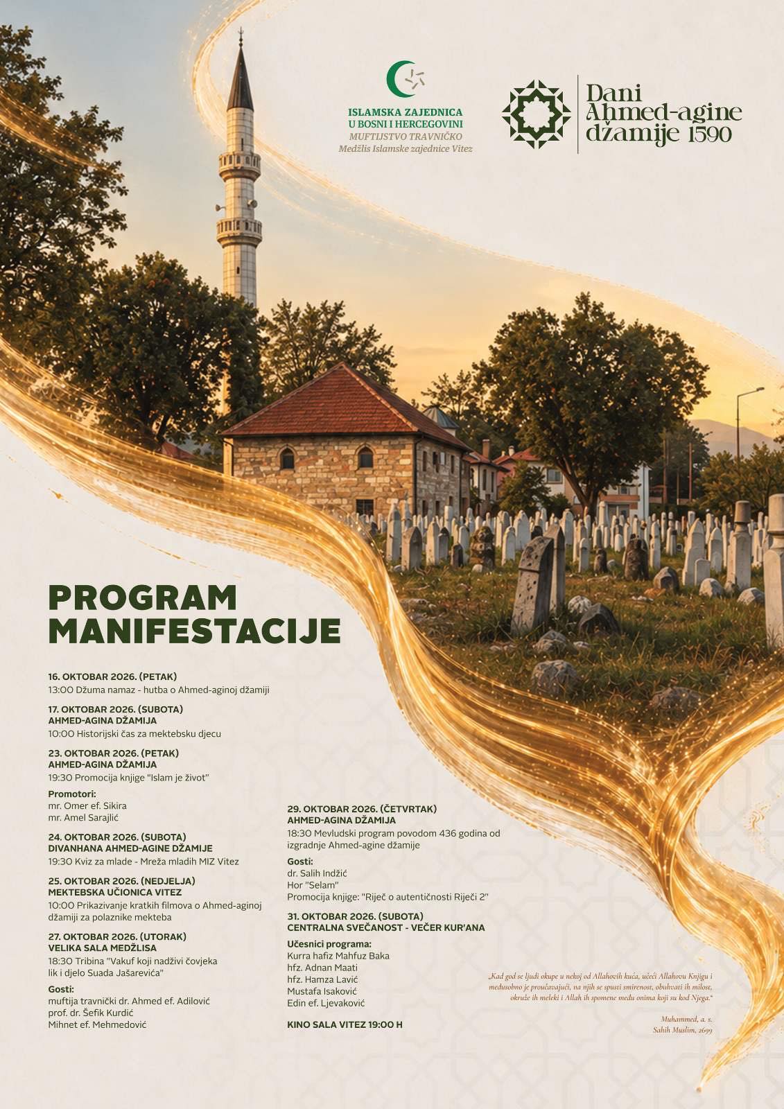 Vitez će od 16. do 31. oktobra 2026. godine biti domaćin manifestacije „Dani Ahmed-agine džamije 1590“